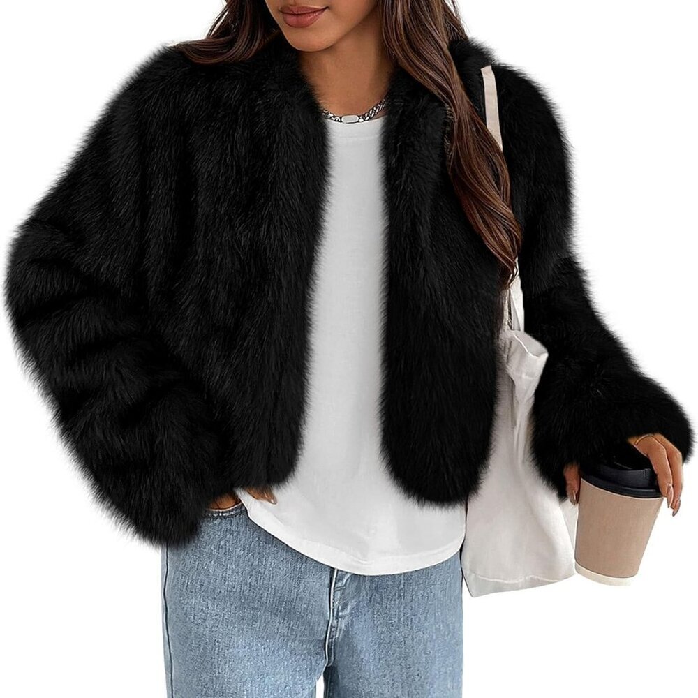 Women's Black Winter Coats Fluffy Cropped Faux Fur Jacket Long Sleeve Open Front